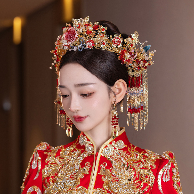 Red chinese wedding xiuhe bride tassel phoenix crown headpiece