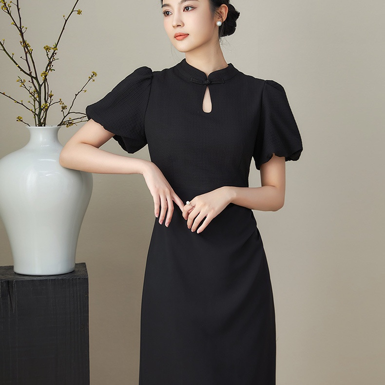 Black New Chinese Style Improved Qipao Waistband Lantern Short sleeved Dress